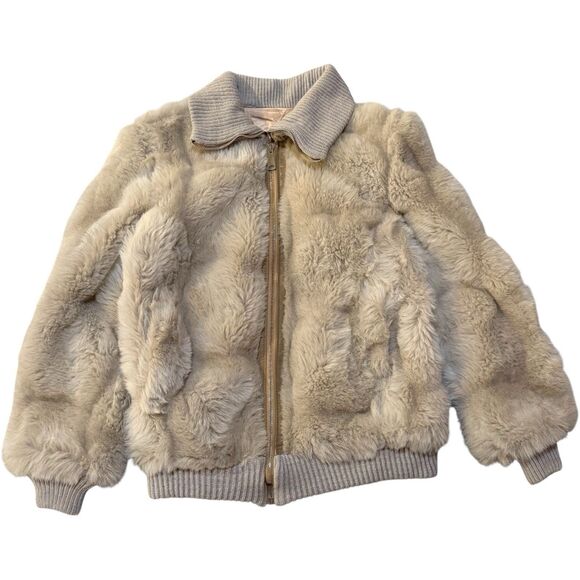 Vintage 70s Rabbit Fur Bomber Jacket Plush Satin Lined Neutral Women’s M Men’s S - Picture 2 of 6